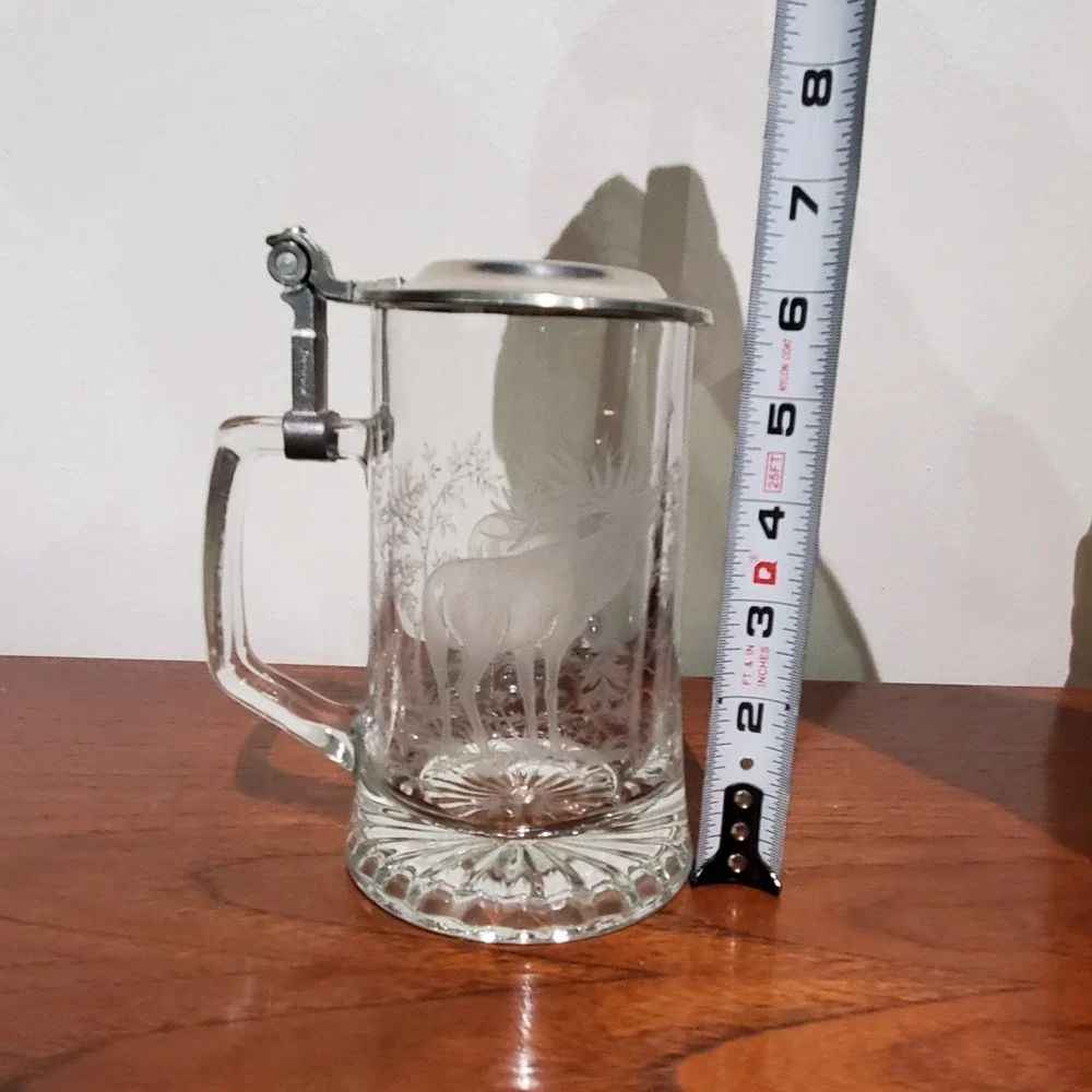Vintage ALWE Etched Glass Beer Stein Marked W. Germany Pewter Lid Deer Elk Trees